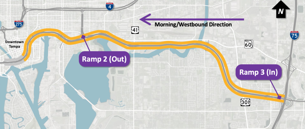 Locations of the new slip ramps - one is a new westbound entry ramp accessible to traffic from northbound I-75 and the other is a new westbound exit ramp near the I-4 connector.